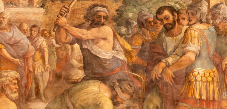 Painting of a man blindfolded as another man swings an axe at him