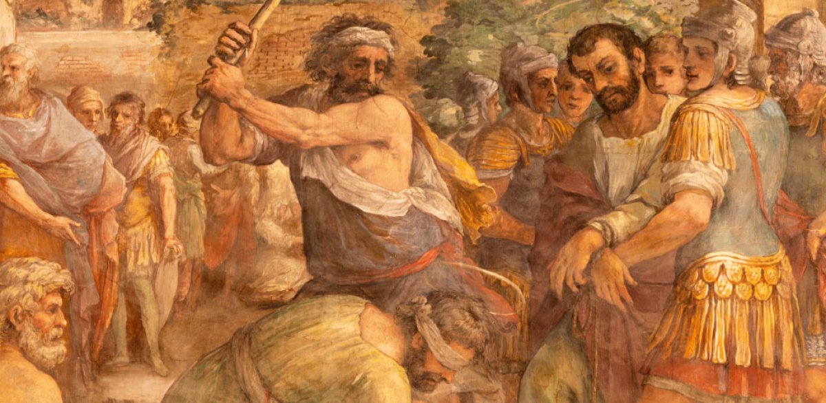 Painting of a man blindfolded as another man swings an axe at him