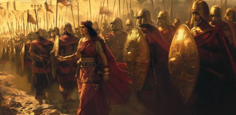 Woman standing with an army of soldiers
